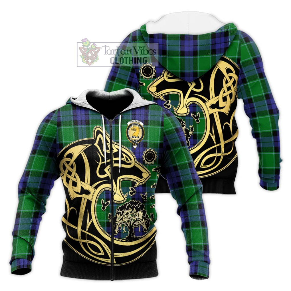 Haldane Tartan Knitted Hoodie with Family Crest Celtic Wolf Style Unisex Knitted Zip Hoodie - Tartan Vibes Clothing