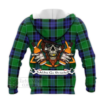 Haldane Tartan Knitted Hoodie with Family Crest and Bearded Skull Holding Bottles of Whiskey - Tartan Vibes Clothing