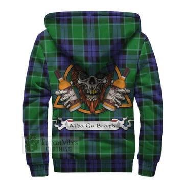 Haldane Tartan Sherpa Hoodie with Family Crest and Bearded Skull Holding Bottles of Whiskey - Tartan Vibes Clothing