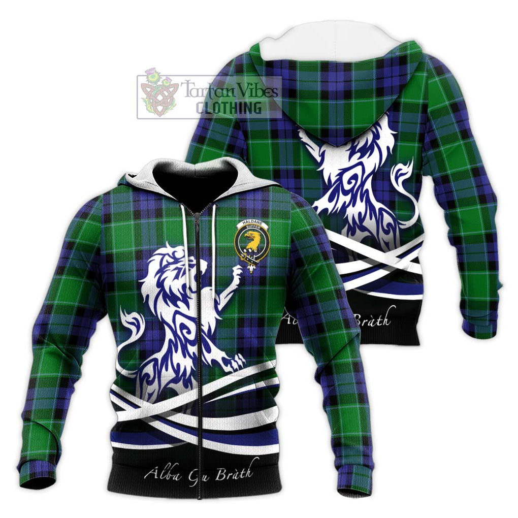 Haldane Tartan Knitted Hoodie with Alba Gu Brath Regal Lion Emblem Unisex Knitted Zip Hoodie - Tartan Vibes Clothing