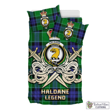 Tartan Vibes Clothing Haldane Tartan Bedding Set with Clan Crest and the Golden Sword of Courageous Legacy