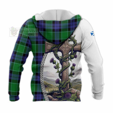 Haldane Tartan Knitted Hoodie with Family Crest and St. Andrew's Cross Accented by Thistle Vines - Tartan Vibes Clothing