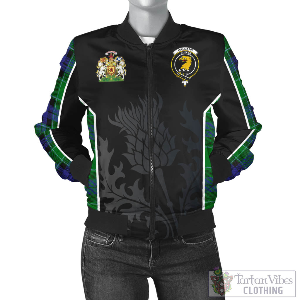 Tartan Vibes Clothing Haldane Tartan Bomber Jacket with Family Crest and Scottish Thistle Vibes Sport Style