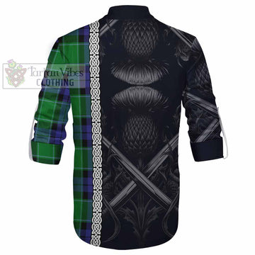 Haldane Tartan Ghillie Kilt Shirt with Family Crest Cross Sword Thistle Celtic Vibes - Tartan Vibes Clothing