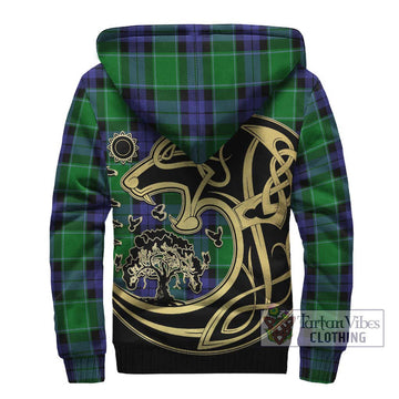 Haldane Tartan Sherpa Hoodie with Family Crest Celtic Wolf Style - Tartan Vibes Clothing
