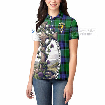 Haldane Tartan Women's Polo Shirt with Family Crest and St. Andrew's Cross Accented by Thistle Vines - Tartan Vibes Clothing