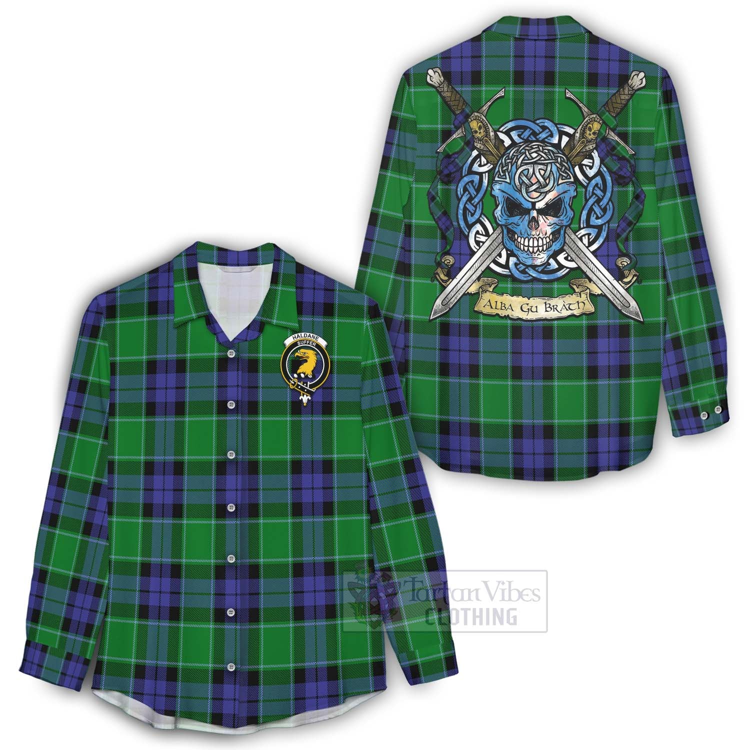 Haldane Tartan Women's Casual Shirt with Family Crest Celtic Skull Style - Tartan Vibes Clothing