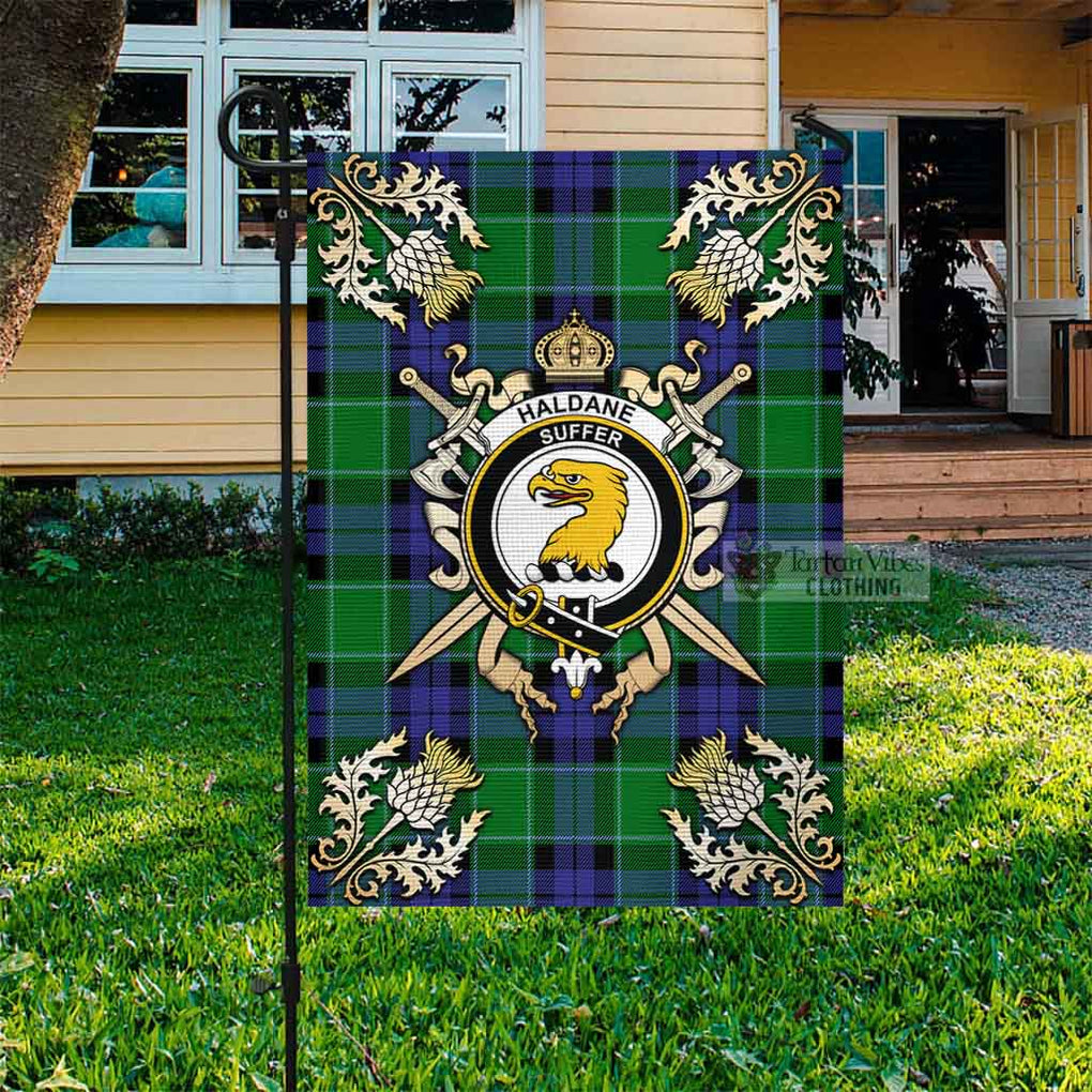 Tartan Vibes Clothing Haldane Tartan Flag with Family Crest and Golden Thistle Crossed Sword Design
