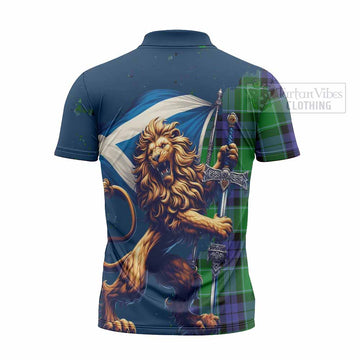 Haldane Tartan Family Crest Zipper Polo Shirt with Scottish Majestic Lion - Tartan Vibes Clothing