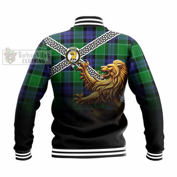 Tartan Vibes Clothing Haldane Crest Tartan Baseball Jacket with Golden Lion Emblem Celtic Style