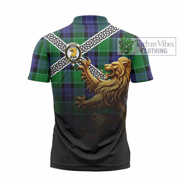Haldane Crest Tartan Zipper Polo Shirt with Golden Lion Emblem Celtic Style - Tartan Vibes Clothing