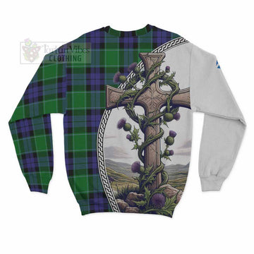 Haldane Tartan Sweatshirt with Family Crest and St. Andrew's Cross Accented by Thistle Vines - Tartan Vibes Clothing