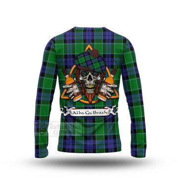 Haldane Tartan Long Sleeve T-Shirt with Family Crest and Bearded Skull Holding Bottles of Whiskey - Tartan Vibes Clothing