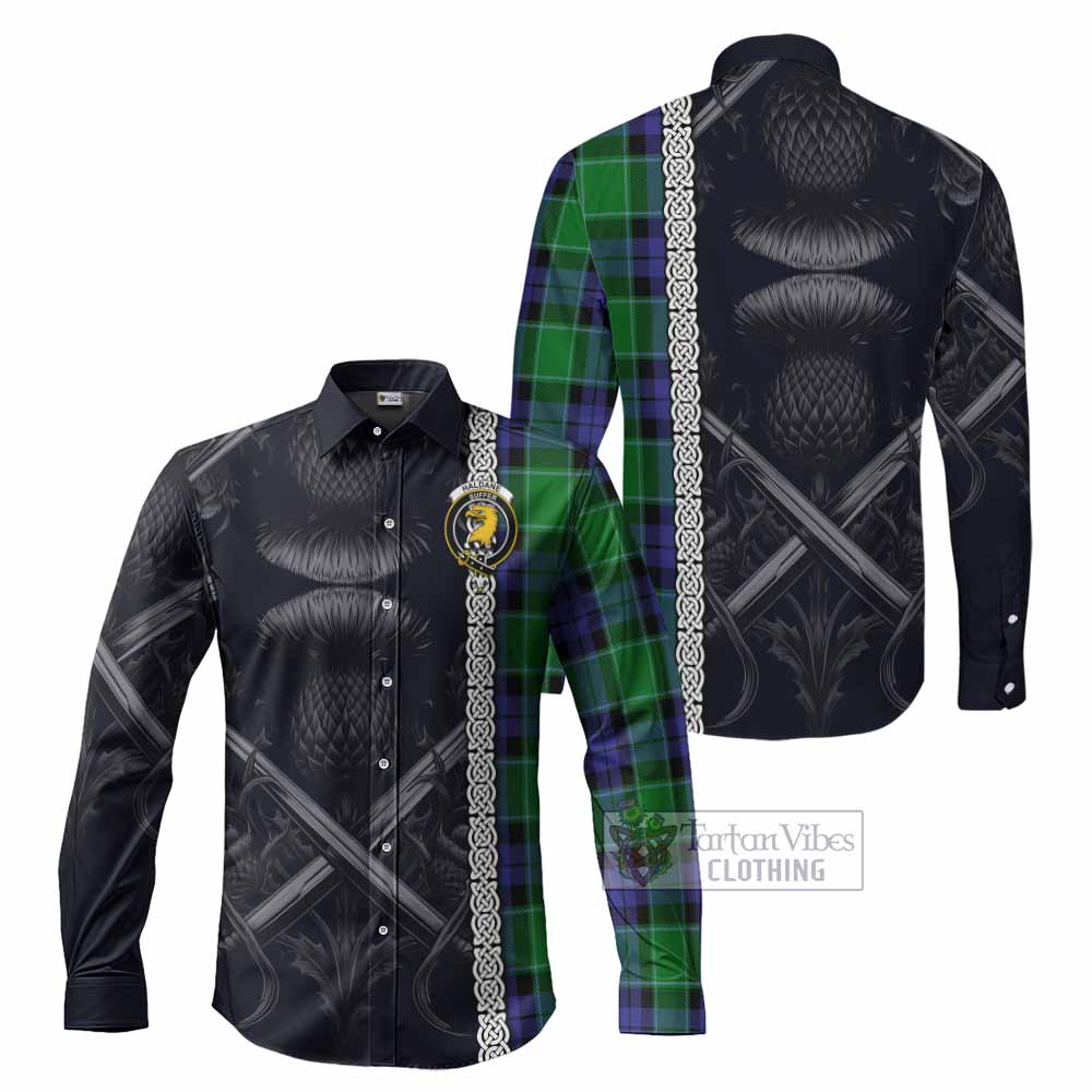 Tartan Vibes Clothing Haldane Tartan Long Sleeve Button Shirt with Family Crest Cross Sword Thistle Celtic Vibes