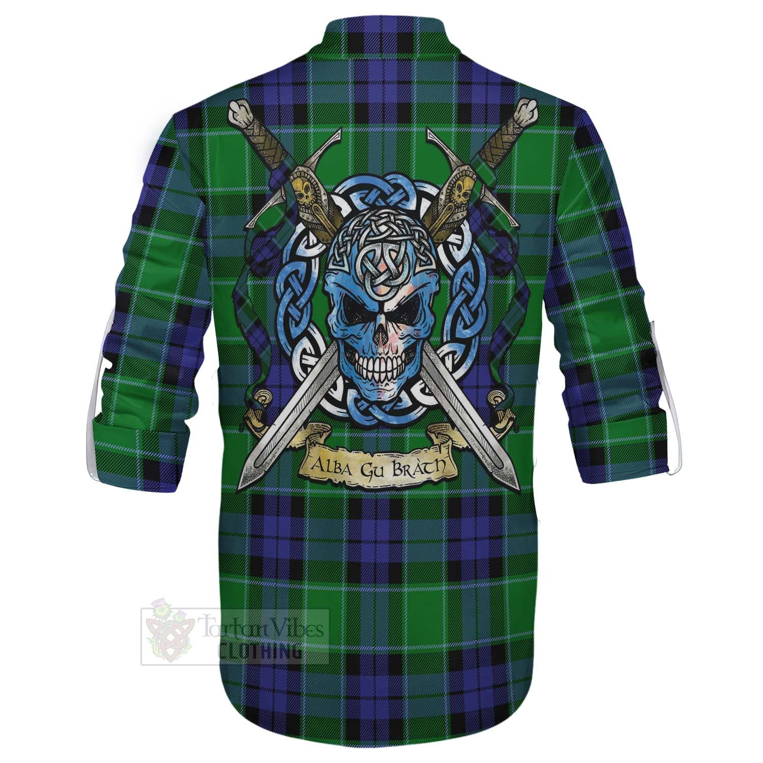 Haldane Tartan Ghillie Kilt Shirt with Family Crest Celtic Skull Style - Tartan Vibes Clothing