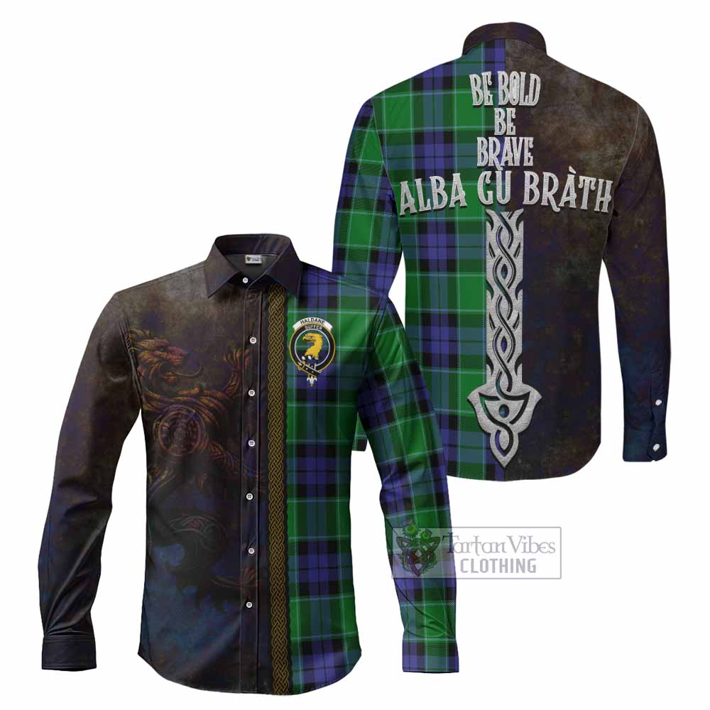 Haldane Tartan Family Crest Long Sleeve Button Shirt Alba Gu Brath Be Brave Lion Ancient Style - Tartan Vibes Clothing