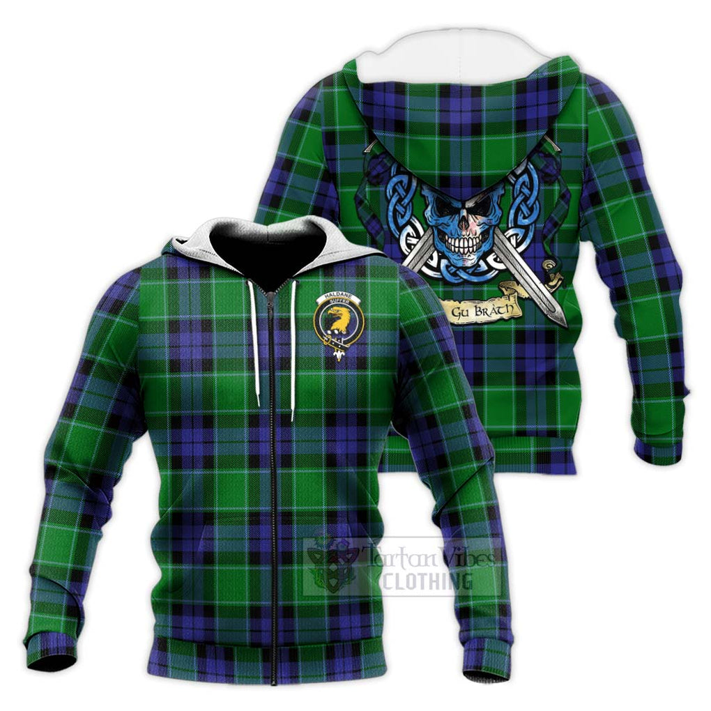 Haldane Tartan Knitted Hoodie with Family Crest Celtic Skull Style Unisex Knitted Zip Hoodie - Tartan Vibes Clothing