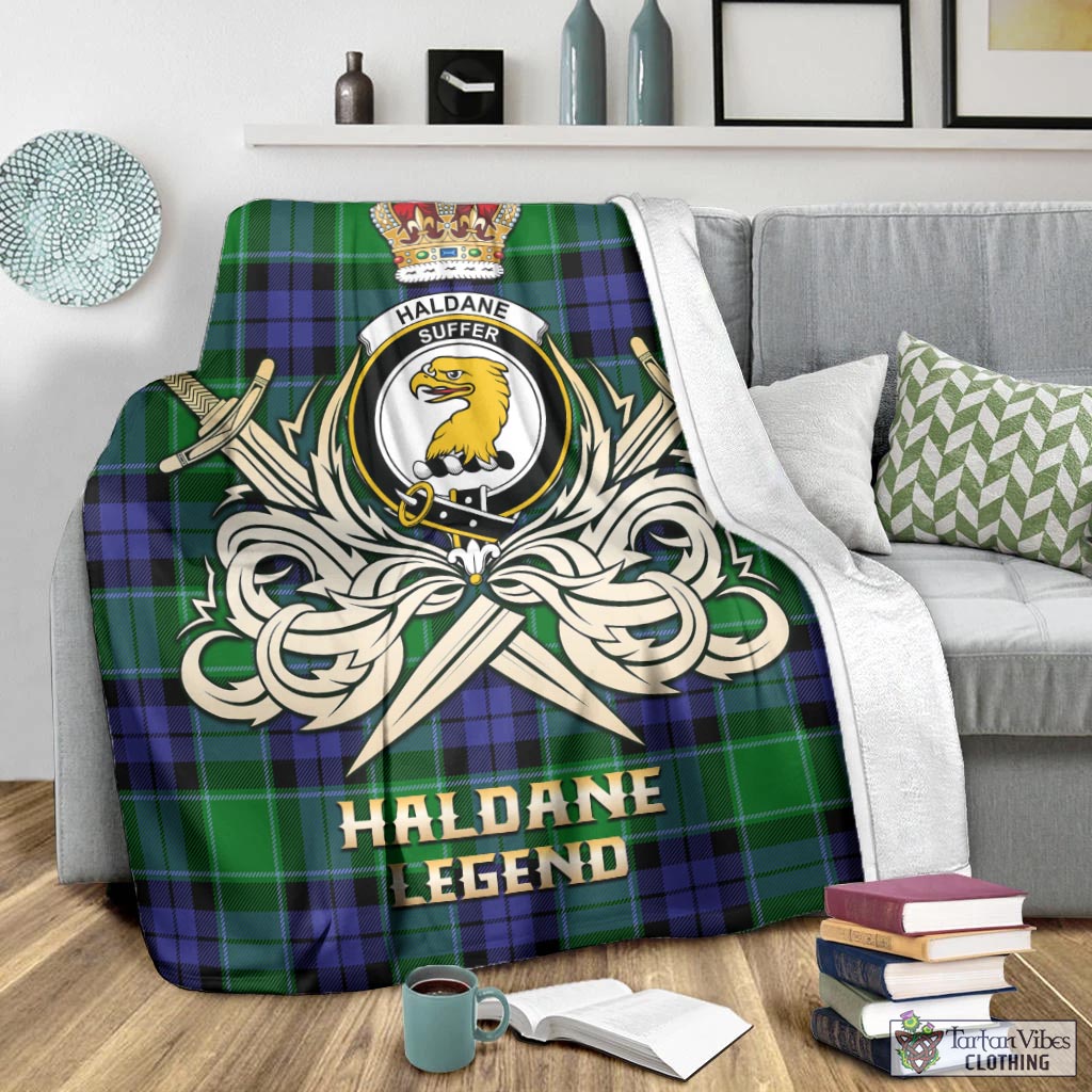 Tartan Vibes Clothing Haldane Tartan Blanket with Clan Crest and the Golden Sword of Courageous Legacy