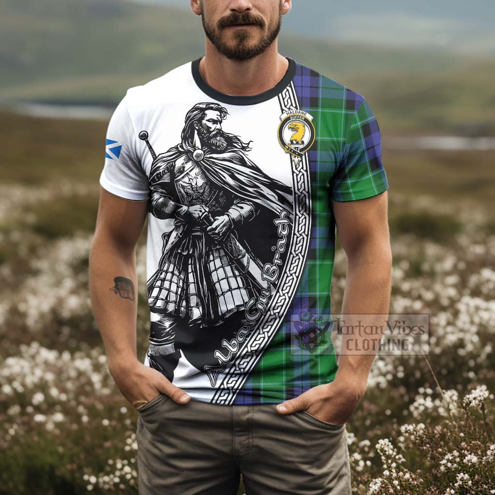 Haldane Tartan Clan Crest T-Shirt with Highlander Warrior Celtic Style - Tartan Vibes Clothing