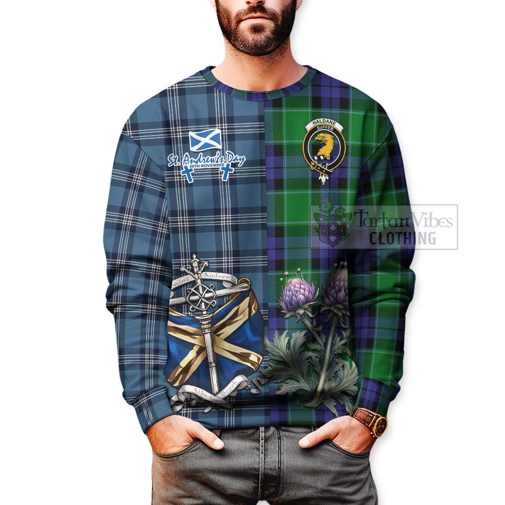 Haldane Tartan Sweatshirt Happy St. Andrew's Day Half Tartan Style - Tartan Vibes Clothing
