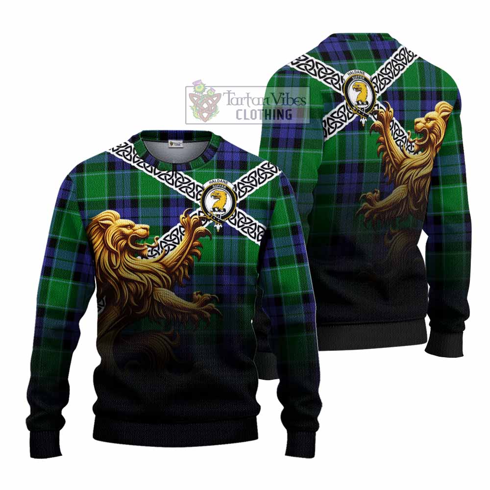 Haldane Crest Tartan Knitted Sweater with Golden Lion Emblem Celtic Style - Tartan Vibes Clothing