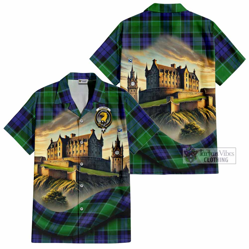 Haldane Tartan Family Crest Hawaiian Shirt with Scottish Ancient Castle Style - Tartan Vibes Clothing