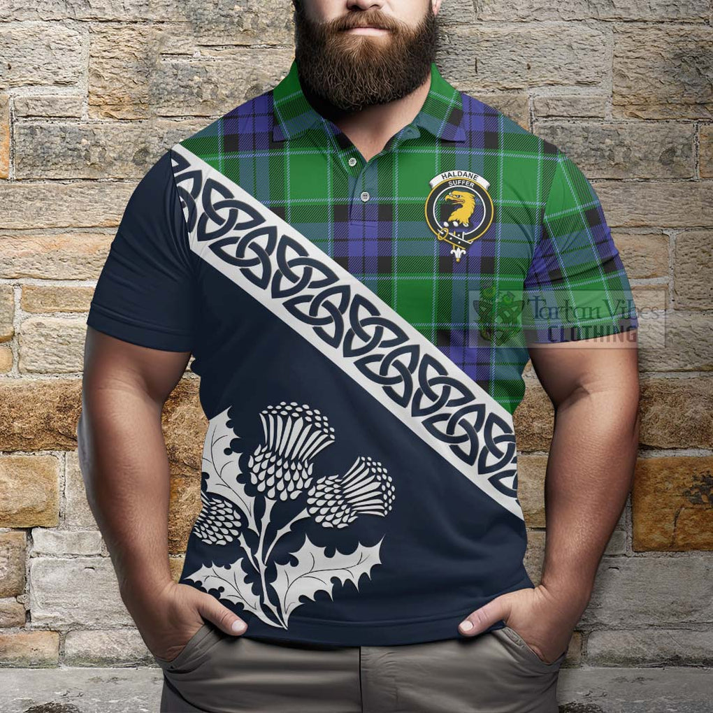 Haldane Tartan Polo Shirt Featuring Thistle and Scotland Map - Tartanvibesclothing Store