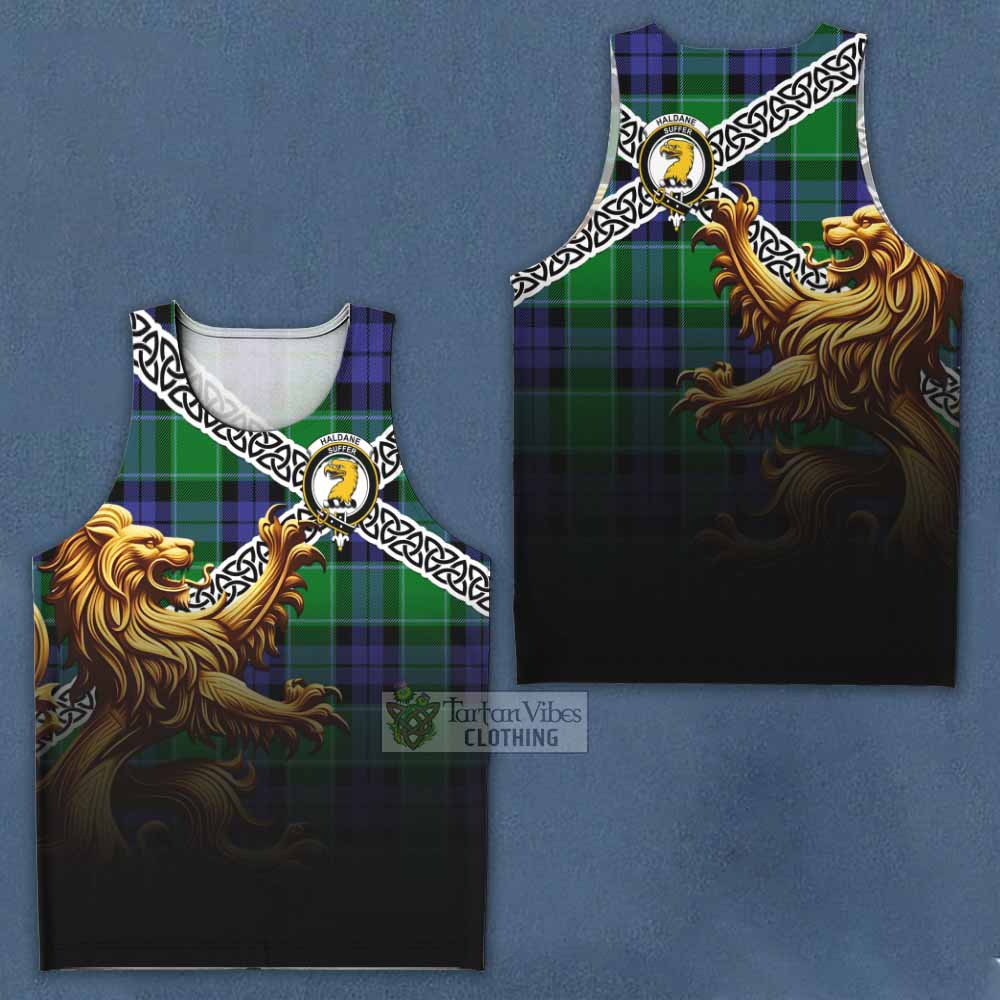 Haldane Crest Tartan Men's Tank Top with Golden Lion Emblem Celtic Style - Tartan Vibes Clothing