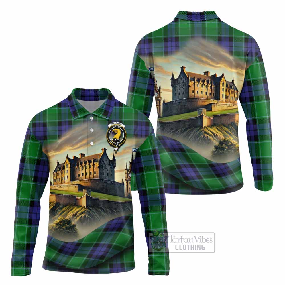 Haldane Tartan Family Crest Long Sleeve Polo Shirt with Scottish Ancient Castle Style - Tartan Vibes Clothing