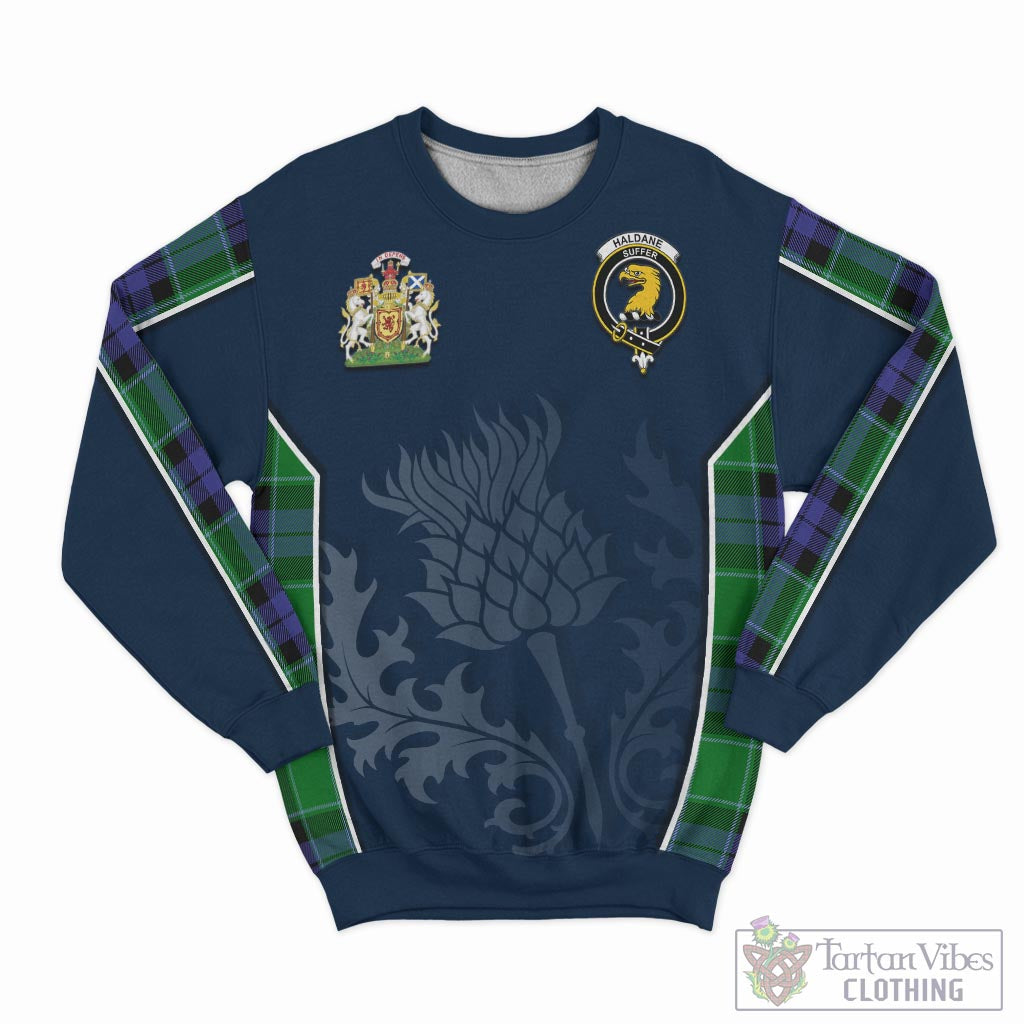 Tartan Vibes Clothing Haldane Tartan Sweatshirt with Family Crest and Scottish Thistle Vibes Sport Style