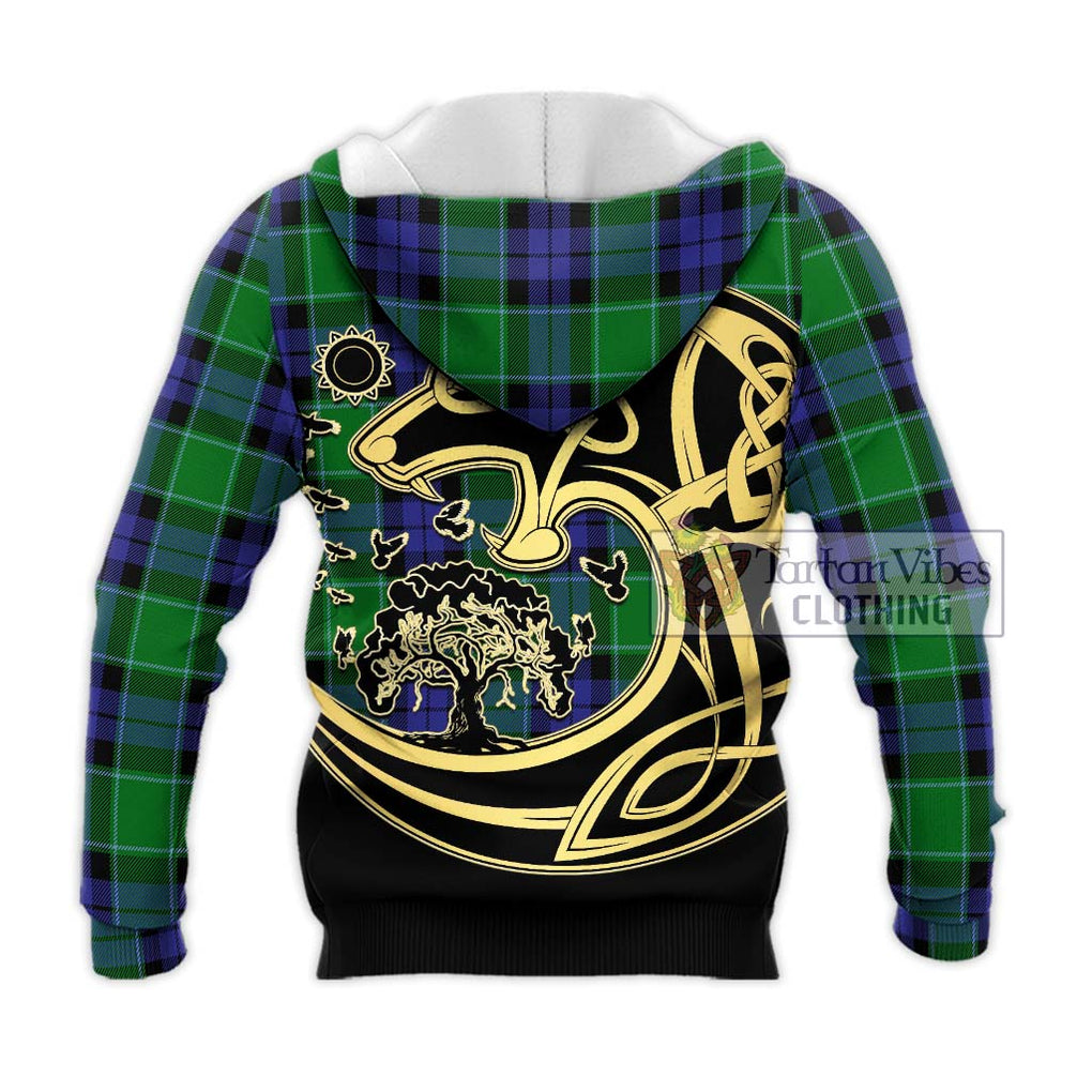 Haldane Tartan Knitted Hoodie with Family Crest Celtic Wolf Style - Tartan Vibes Clothing