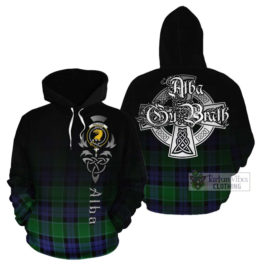 Tartan Vibes Clothing Haldane Tartan Cotton Hoodie Featuring Alba Gu Brath Family Crest Celtic Inspired