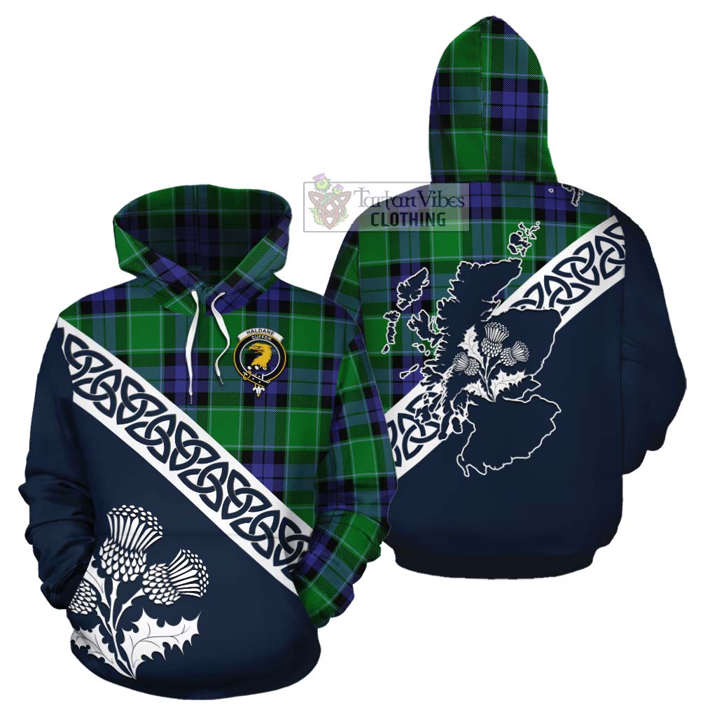Haldane Tartan Cotton Hoodie Featuring Thistle and Scotland Map Zip Hoodie - Tartan Vibes Clothing