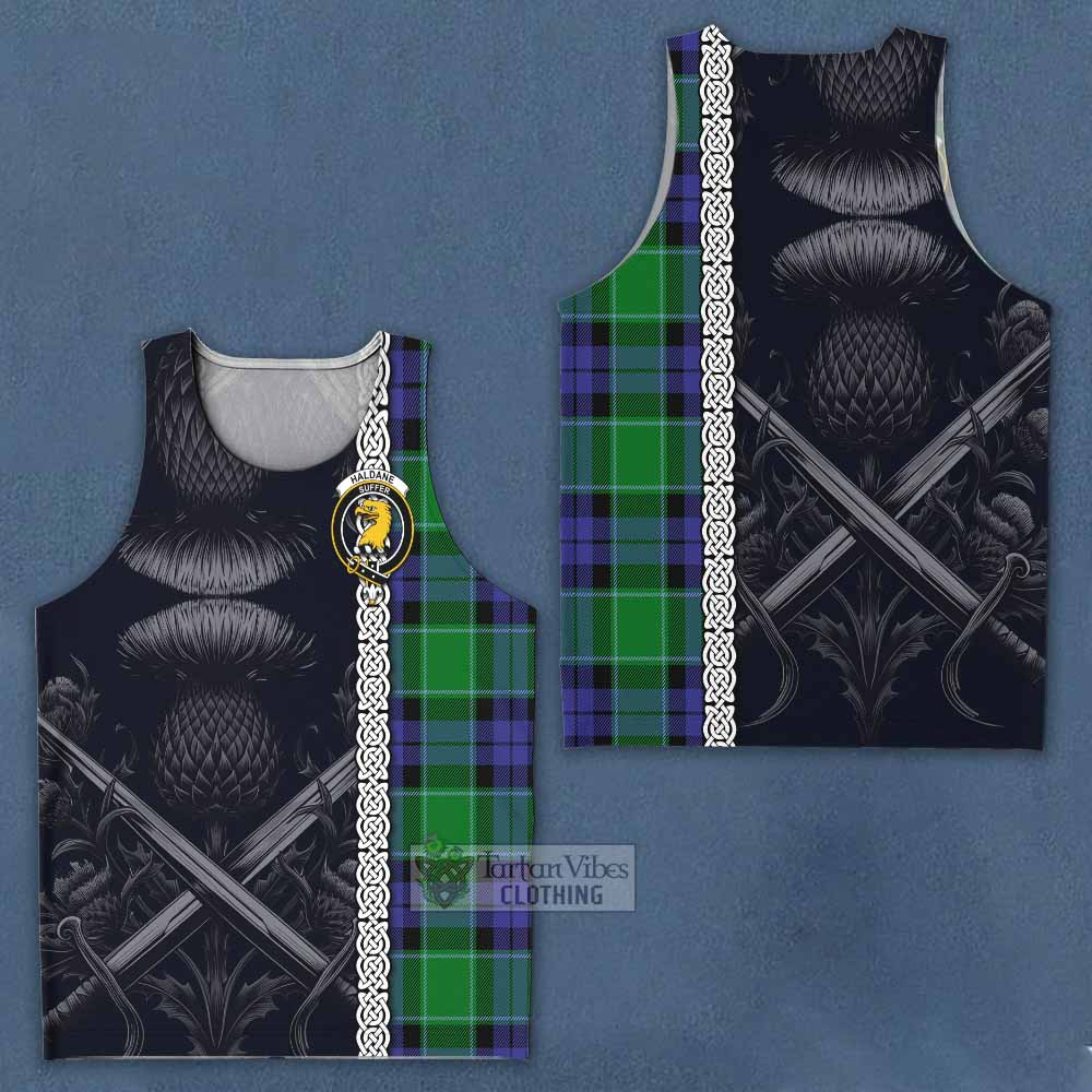 Haldane Tartan Men's Tank Top with Family Crest Cross Sword Thistle Celtic Vibes - Tartan Vibes Clothing