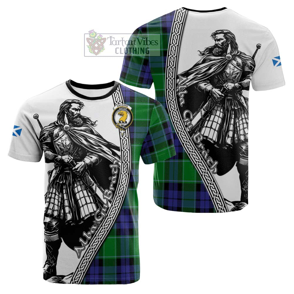 Haldane Tartan Clan Crest Cotton T-shirt with Highlander Warrior Celtic Style - Tartan Vibes Clothing