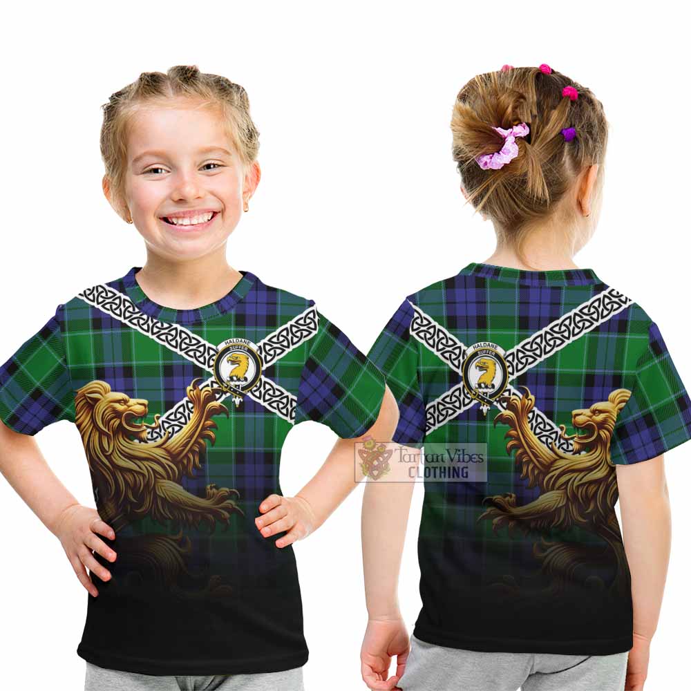 Haldane Crest Tartan Kid T-Shirt with Golden Lion Emblem Celtic Style - Tartan Vibes Clothing