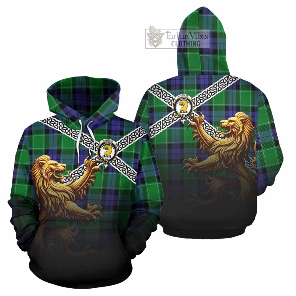 Haldane Crest Tartan Hoodie with Golden Lion Emblem Celtic Style - Tartan Vibes Clothing