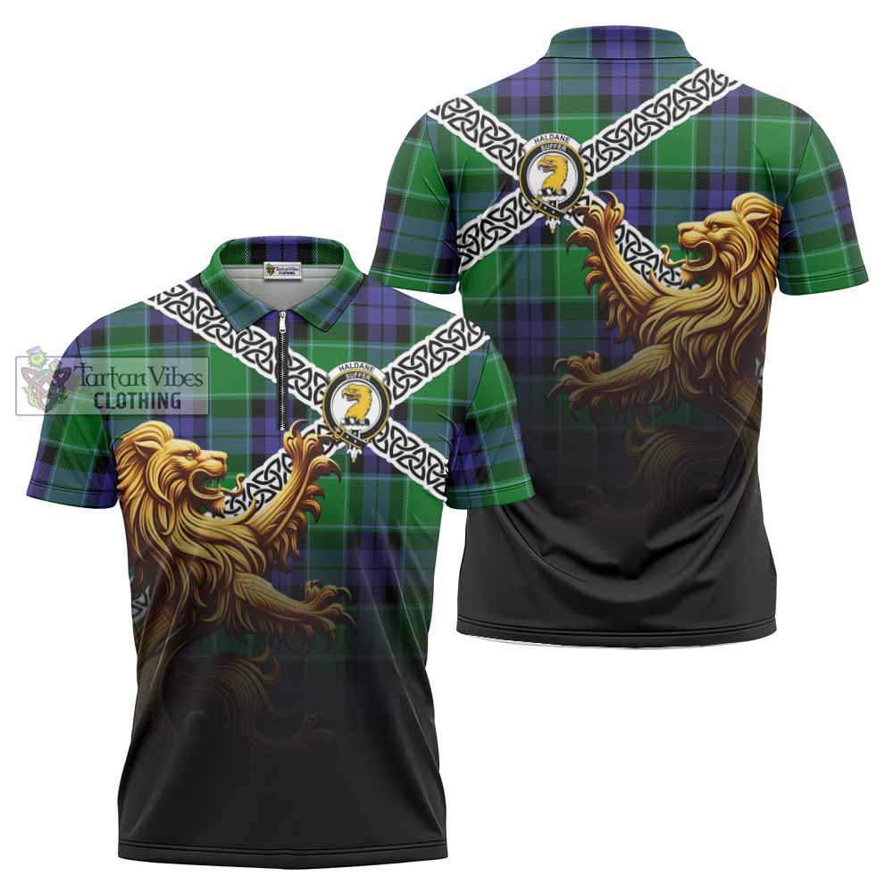Haldane Crest Tartan Zipper Polo Shirt with Golden Lion Emblem Celtic Style - Tartan Vibes Clothing