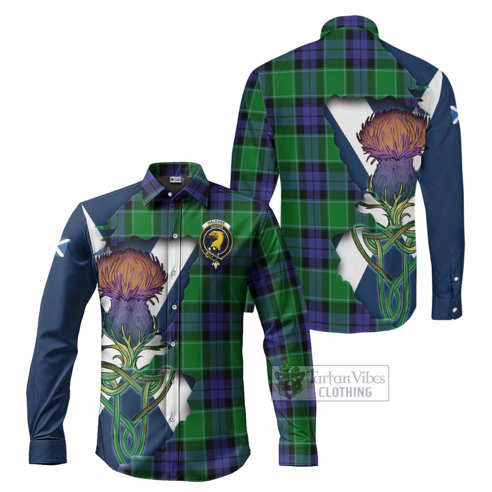 Tartan Vibes Clothing Haldane Tartan Family Crest Long Sleeve Button Shirt Scottish Thistle Celtic Inspired