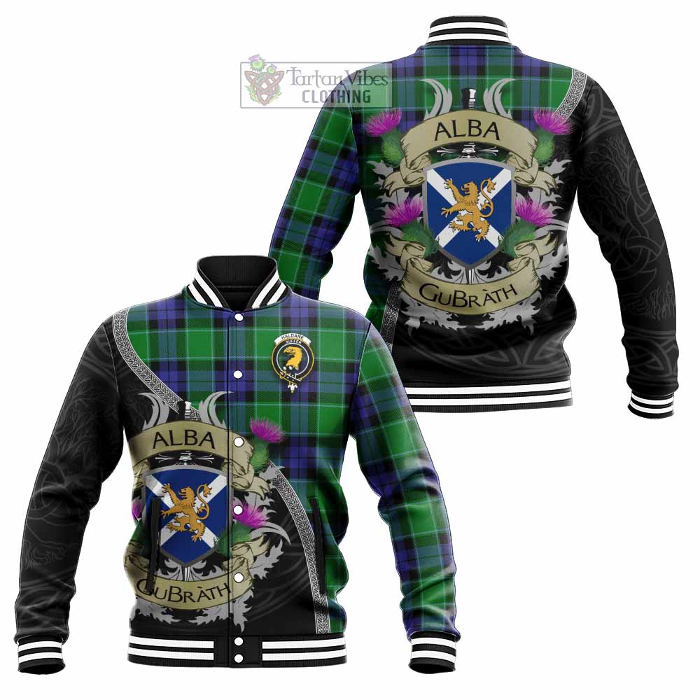 Haldane Tartan Family Crest Baseball Jacket Lion Rampant Royal Thistle Shield Celtic Inspired - Tartan Vibes Clothing