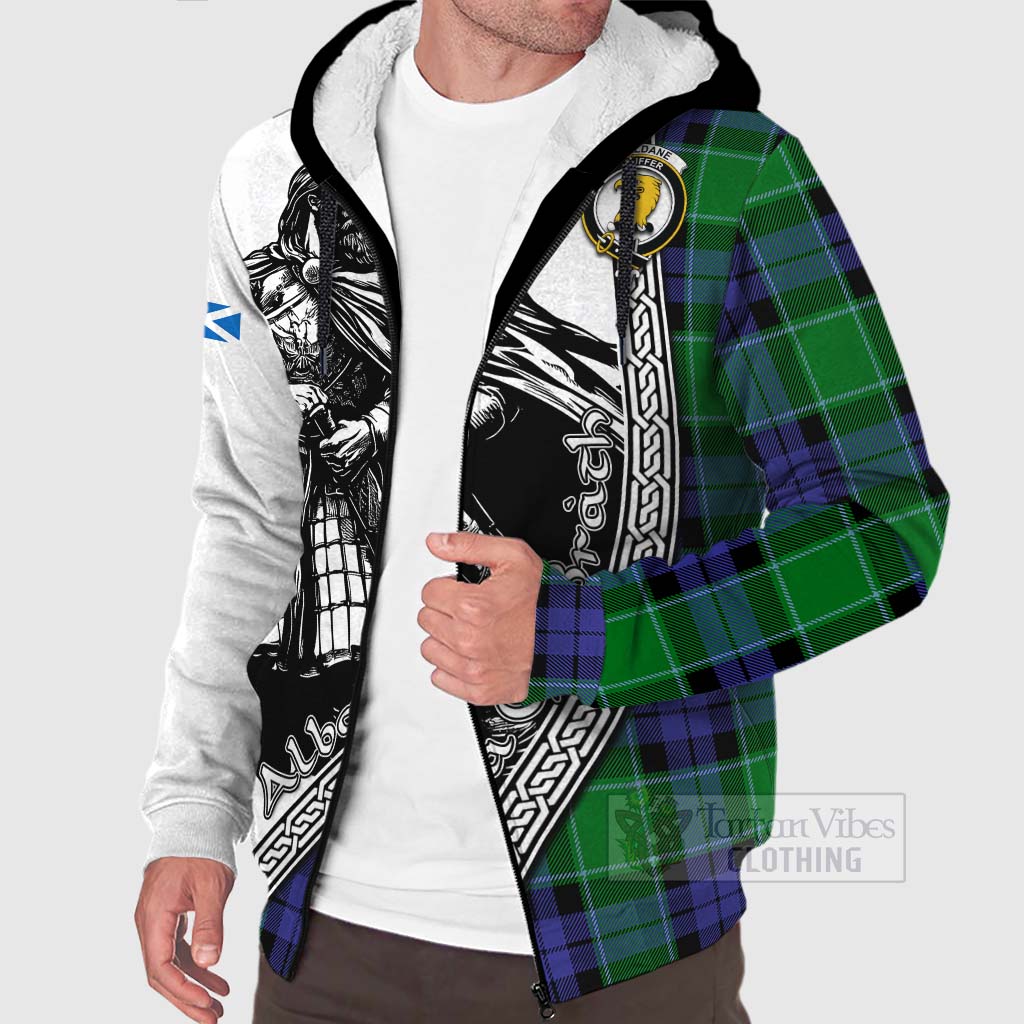 Haldane Tartan Clan Crest Sherpa Hoodie with Highlander Warrior Celtic Style Unisex - Tartan Vibes Clothing