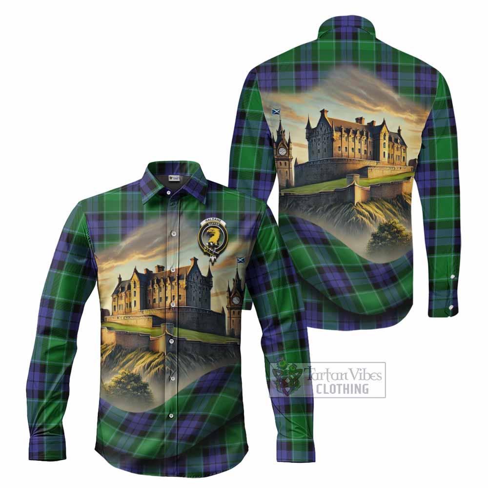 Tartan Vibes Clothing Haldane Tartan Family Crest Long Sleeve Button Shirt with Scottish Ancient Castle Style