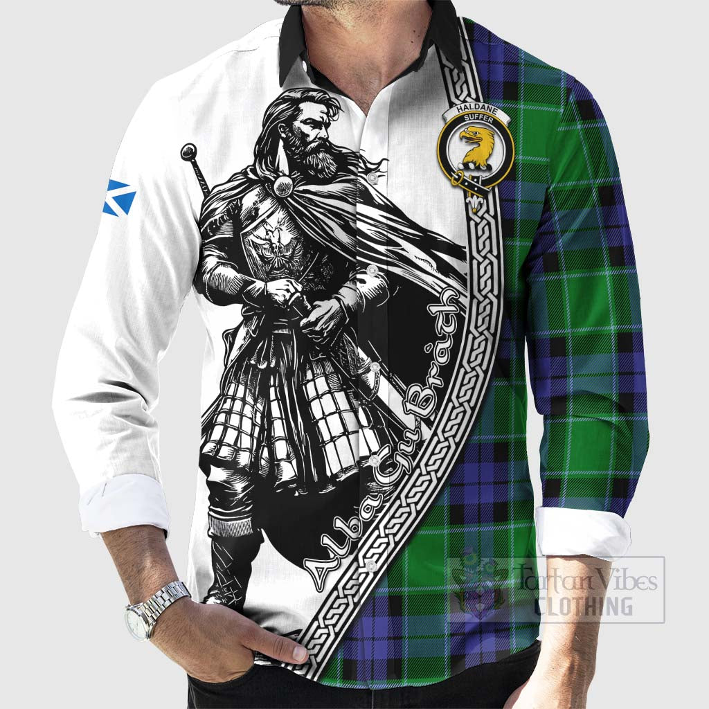 Haldane Tartan Clan Crest Long Sleeve Button Shirt with Highlander Warrior Celtic Style - Tartan Vibes Clothing