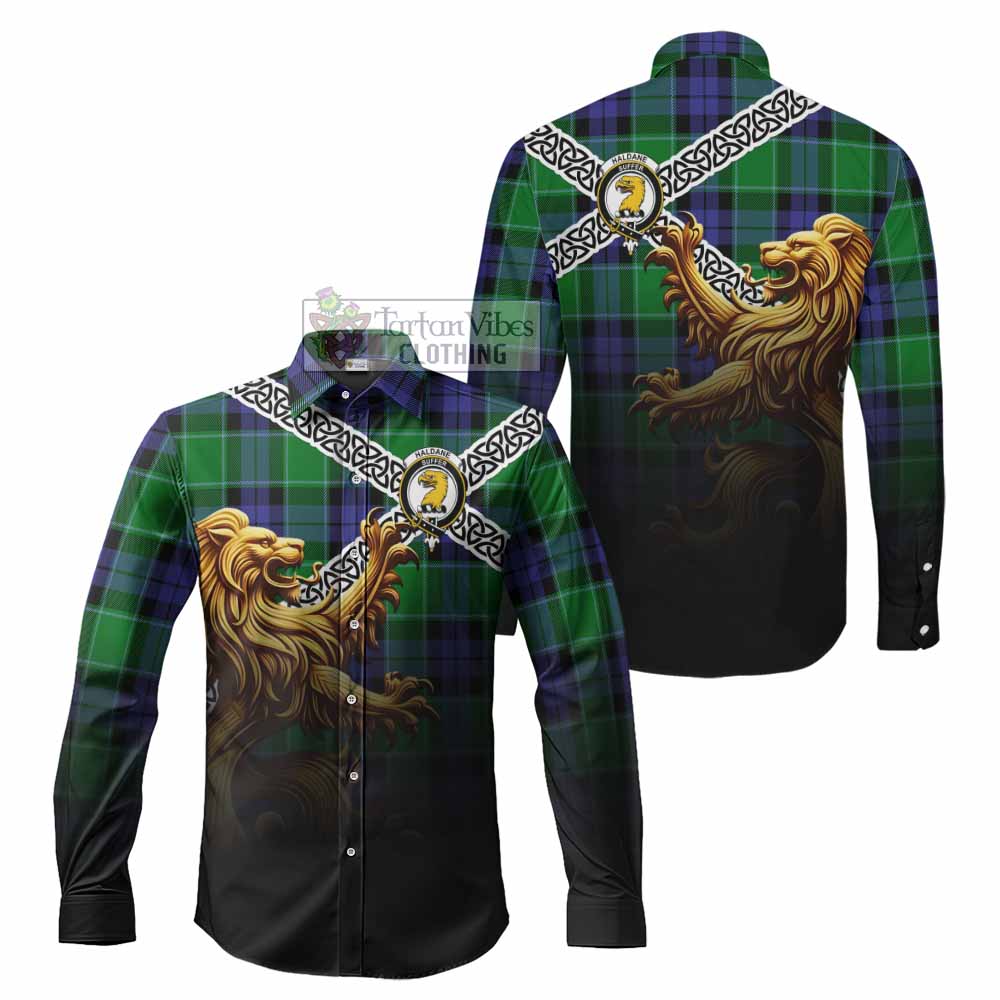 Haldane Crest Tartan Long Sleeve Button Shirt with Golden Lion Emblem Celtic Style - Tartan Vibes Clothing