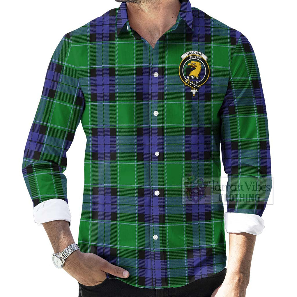 Haldane Tartan Long Sleeve Button Shirt with Family Crest Celtic Skull Style - Tartan Vibes Clothing