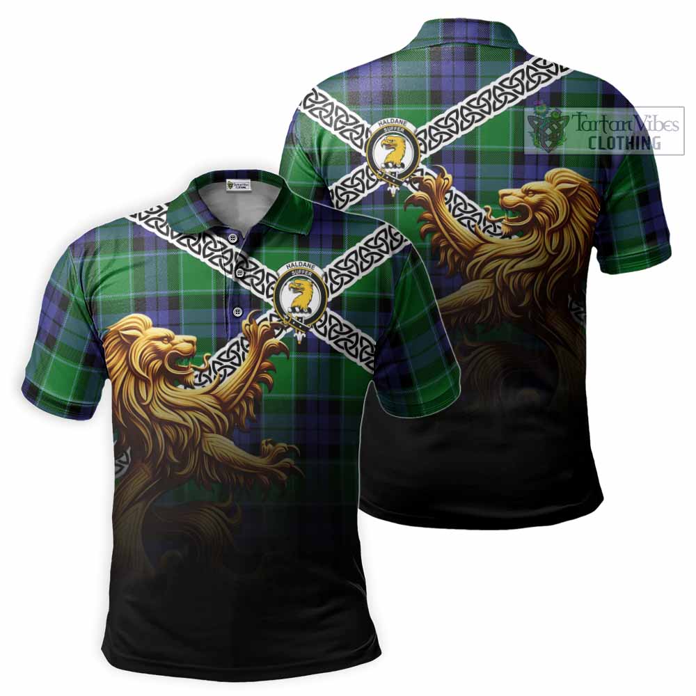 Haldane Crest Tartan Polo Shirt with Golden Lion Emblem Celtic Style - Tartan Vibes Clothing
