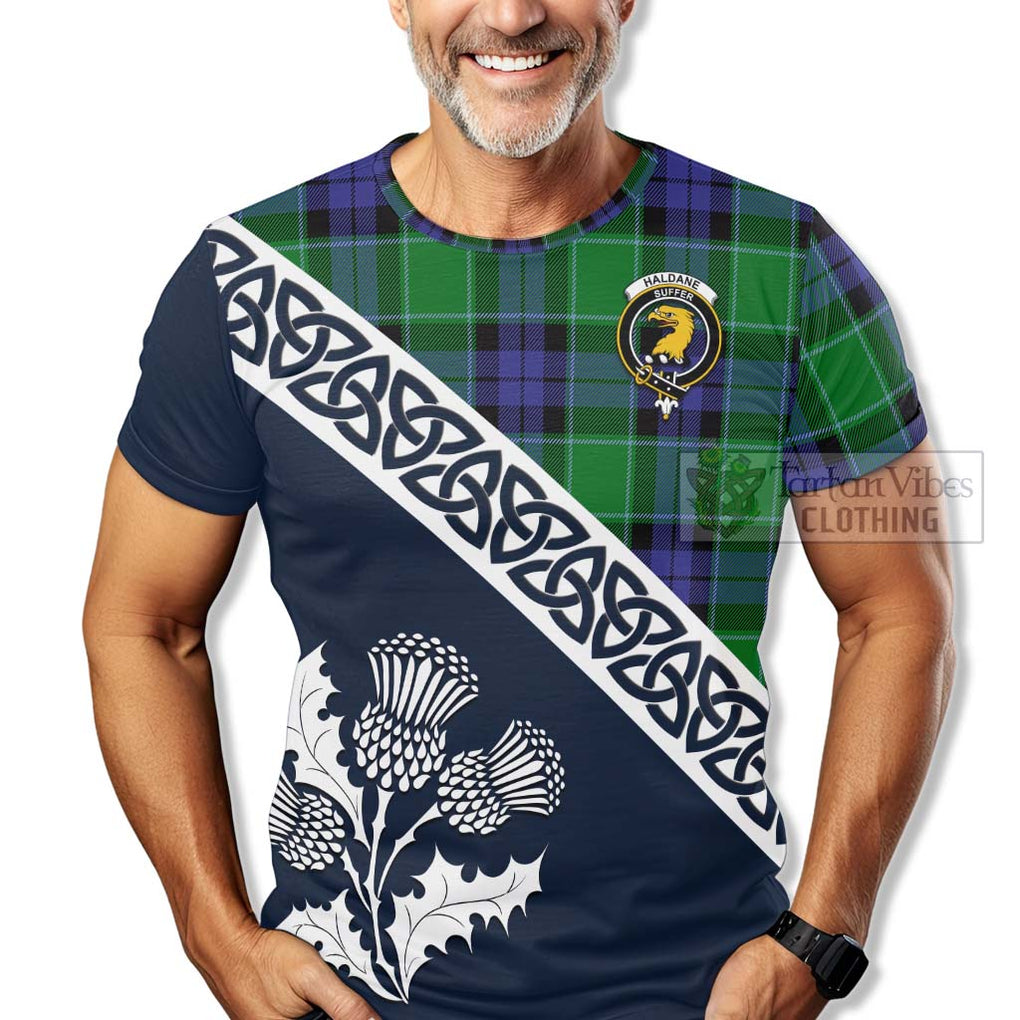 Haldane Tartan T-Shirt Featuring Thistle and Scotland Map - Tartanvibesclothing Store