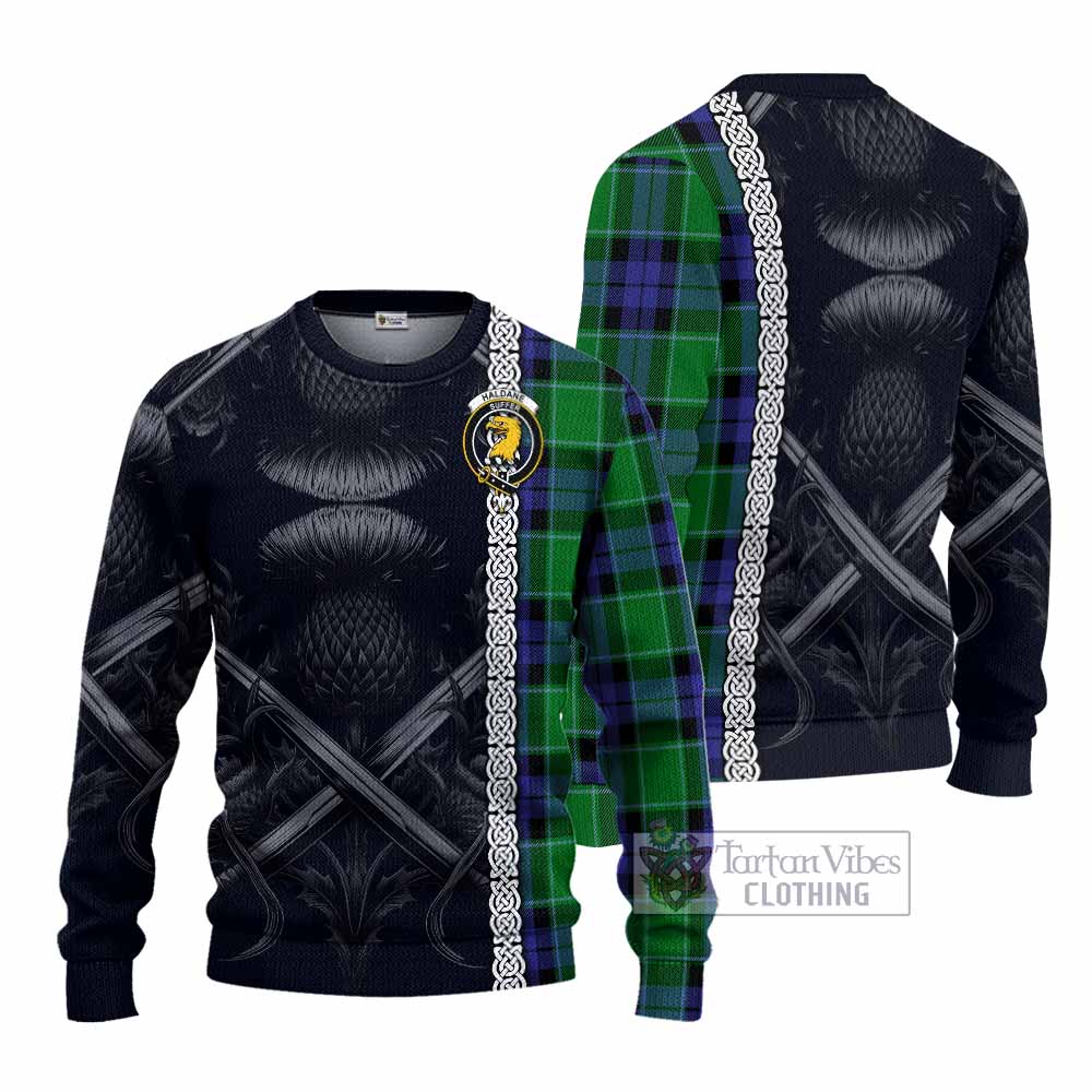 Haldane Tartan Knitted Sweater with Family Crest Cross Sword Thistle Celtic Vibes - Tartan Vibes Clothing