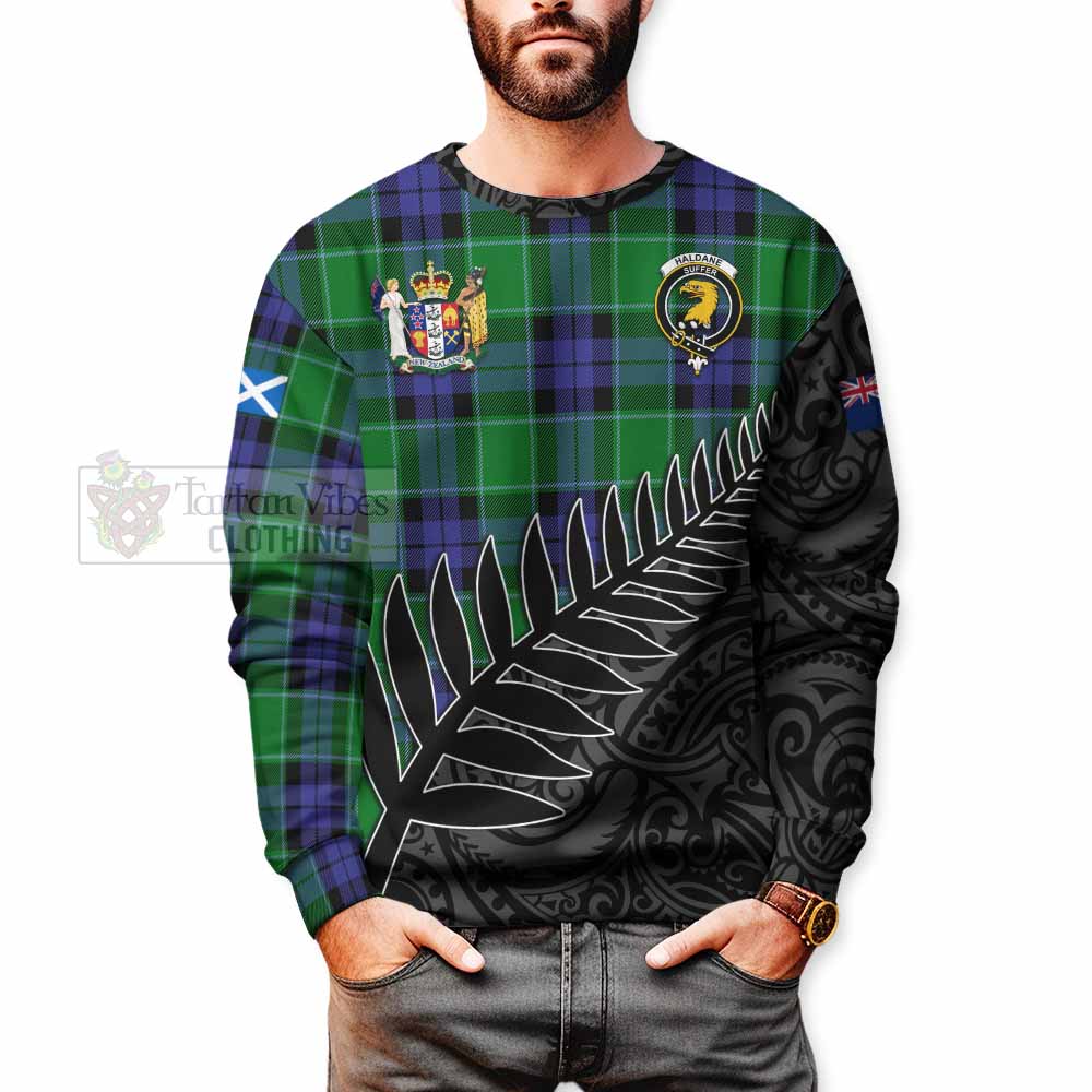 Haldane Crest Tartan Sweatshirt with New Zealand Silver Fern Half Style - Tartan Vibes Clothing