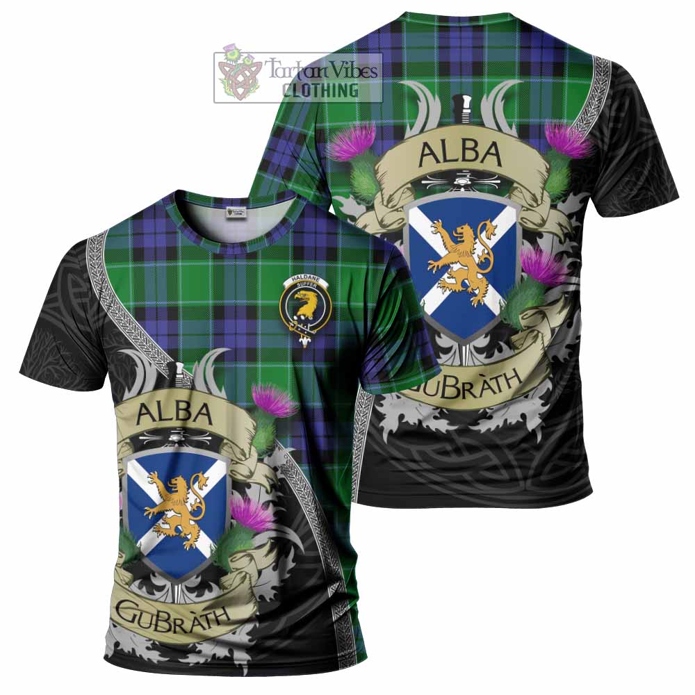 Haldane Tartan Family Crest T-Shirt Lion Rampant Royal Thistle Shield Celtic Inspired - Tartan Vibes Clothing